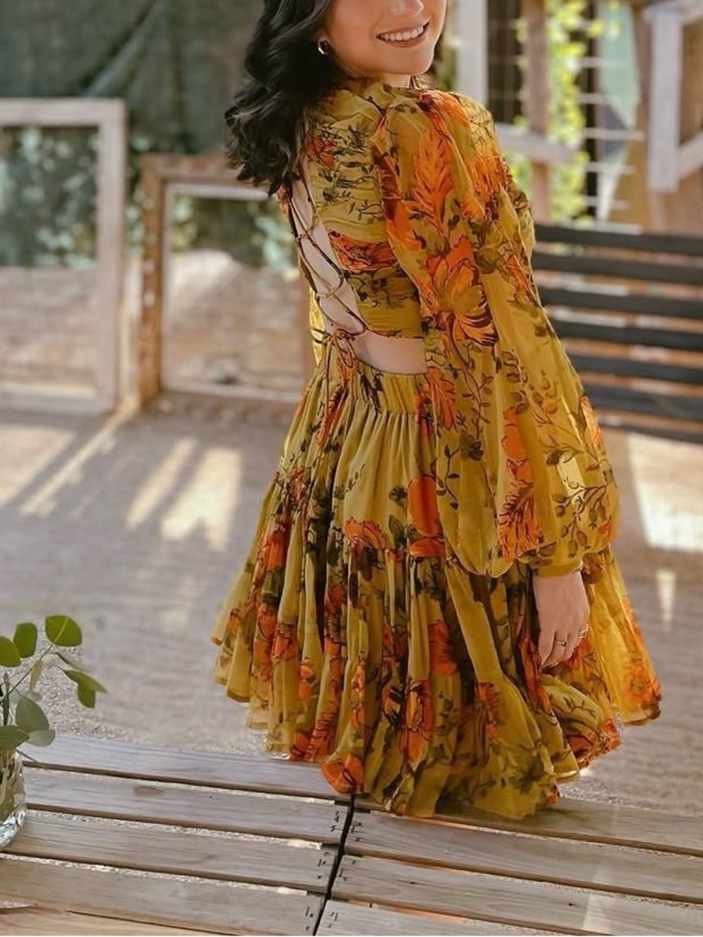 ASOS Olive Green & Orange Floral Tie-Back Tiered Mini Dress